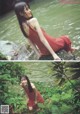 A woman in a red dress sitting on a rock by the water.